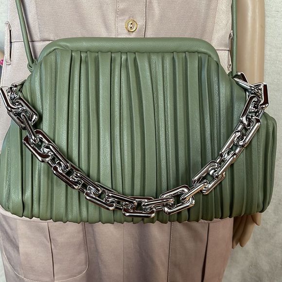 Adorable vegan pleated satchel - crossbody with chunky chain handle. - Picture 2 of 7